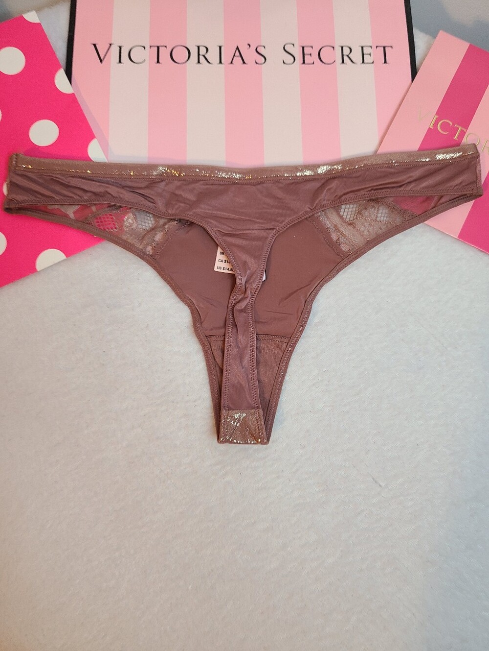 Retired VS Body By Victoria Silky Wet Look Shimmer Nylon Thong Panty Size M - Picture 3 of 5
